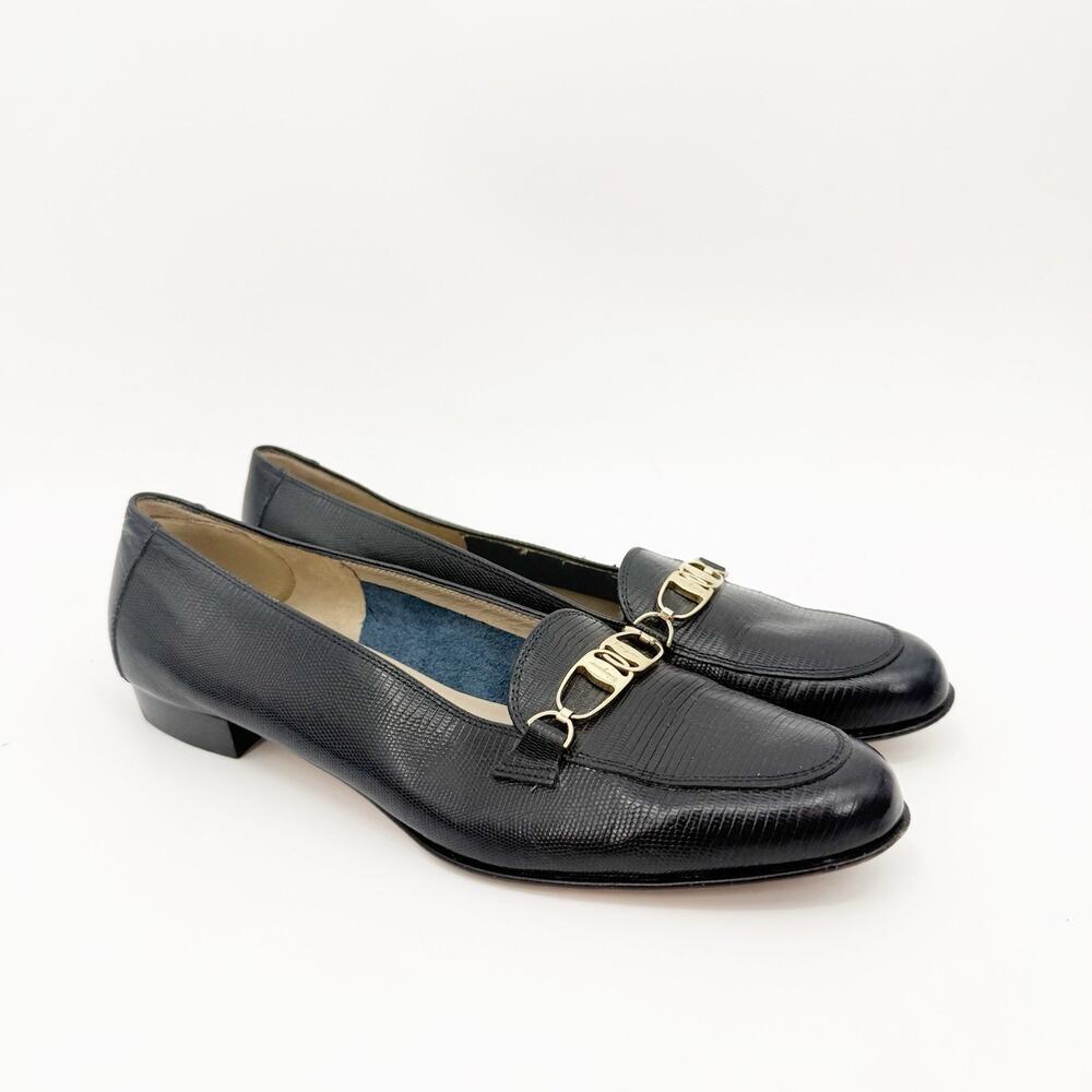 Vintage Salvatore Ferragamo Boutique Loafers 8.5AA Black Lizard Gold Bit Italy